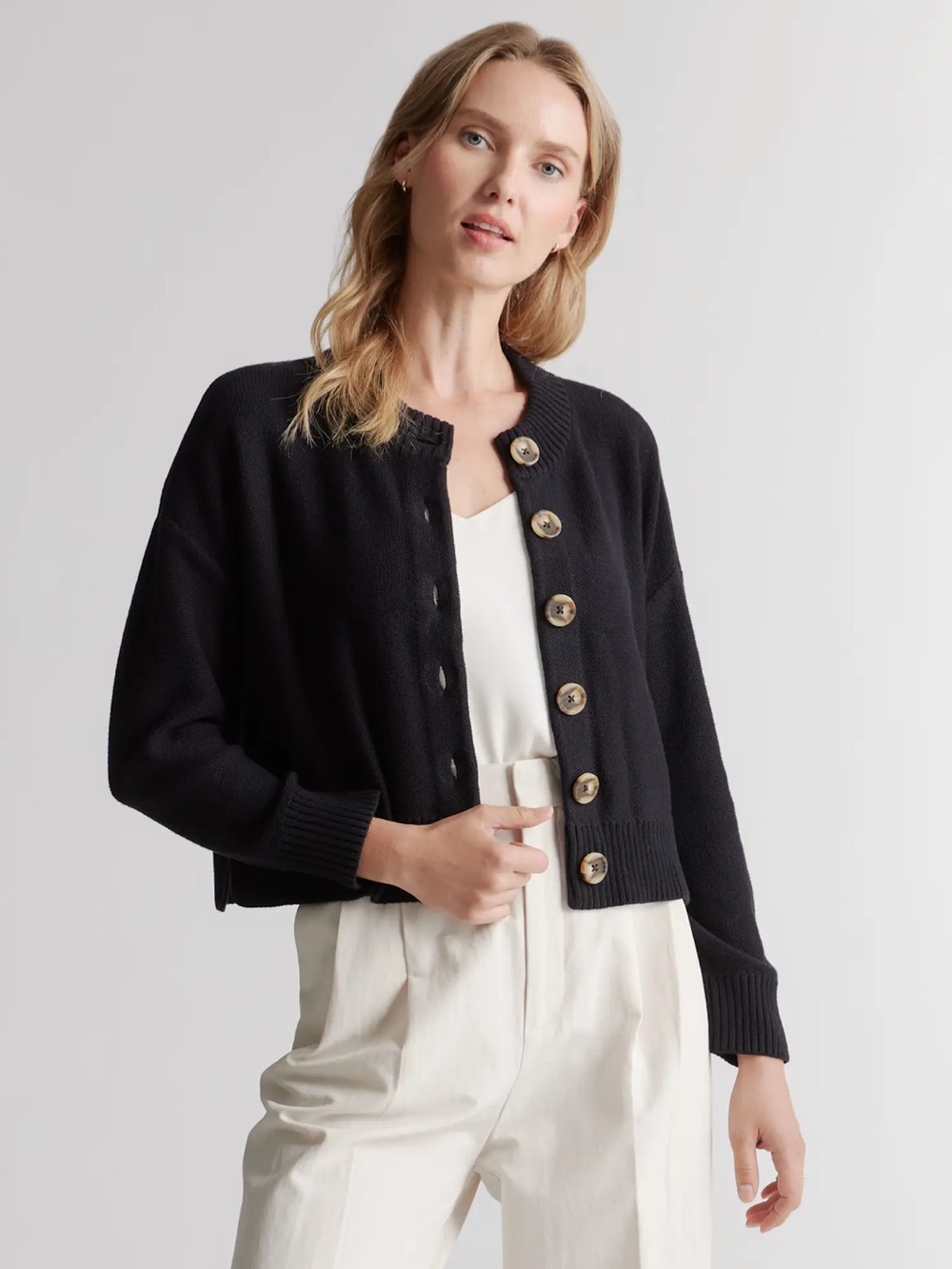 Quince Black Cropped Button-Front Women's Cardigan, Large